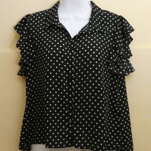 Fashion Nova Black Blouse with White Polka Dots Size Large Ruffle Short Sleeves